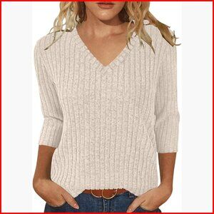 Rayon Blend 3/4 Sleeve V-Neck Tunic Sweater Pullover Casual Loose Fit